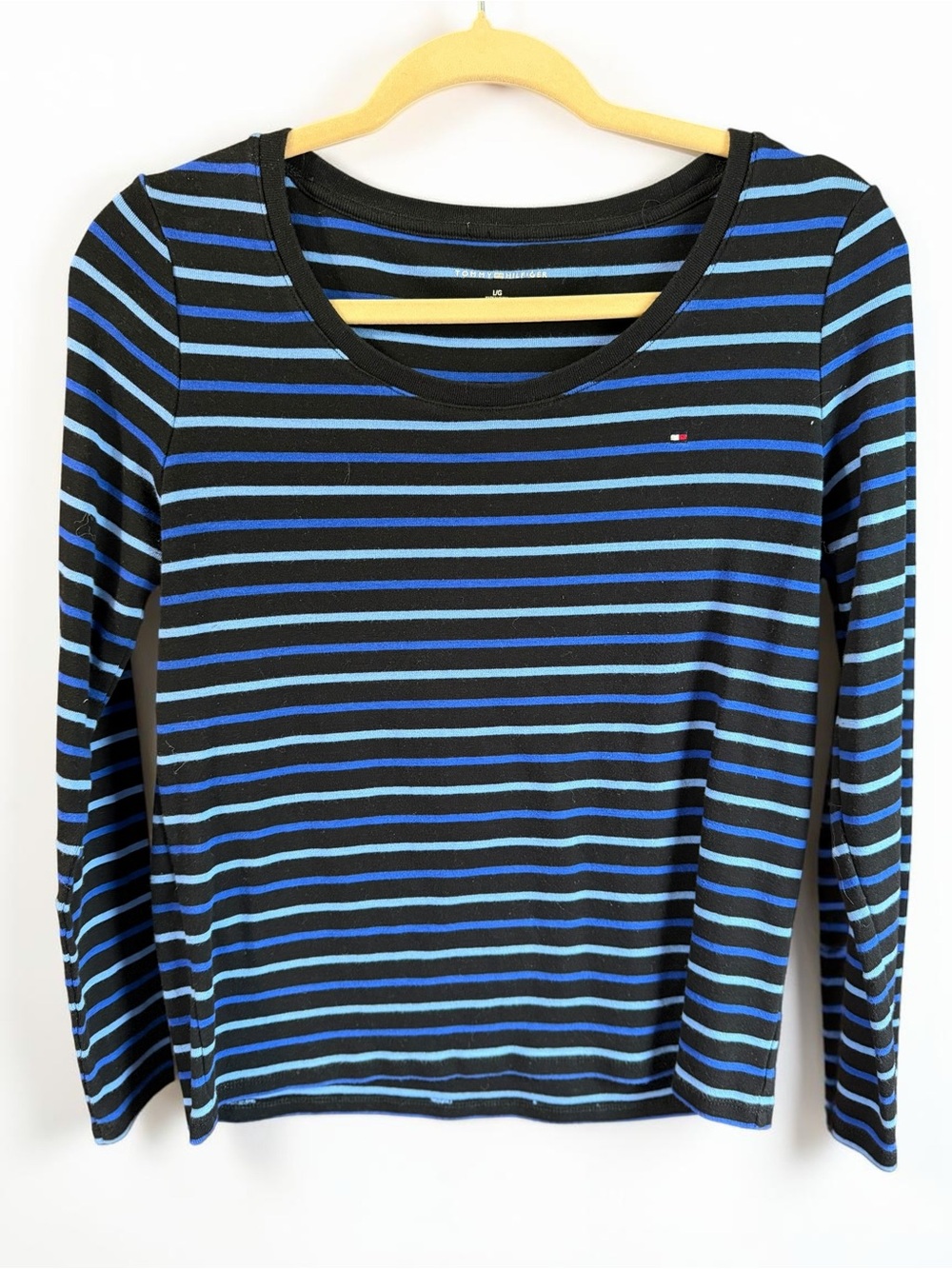 Tommy Hilfiger Striped Long Sleeve Top Womens Large Black Blue